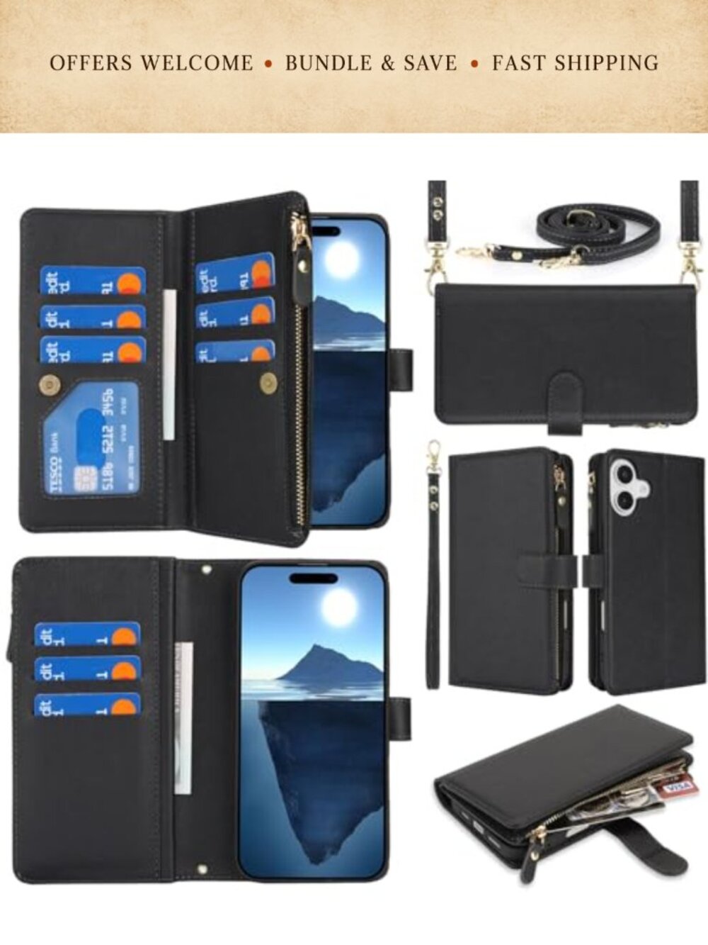 PU Leather Crossbody Wallet Case for iPhone 16 6.1" with Strap & Card Slots